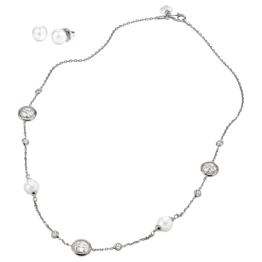 JOIA De Majorca 8mm Organic Man-Made Pearls on Cubic Zicronia Bezel Chain with 8mm Stud Earrings (White)