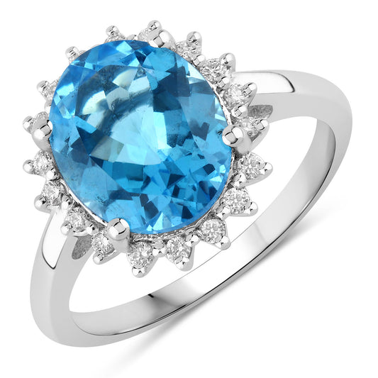Fine Color Jewels 4.27 Ct Genuine Swiss Blue Topaz and Lab Grown Diamond Silver Halo Ring