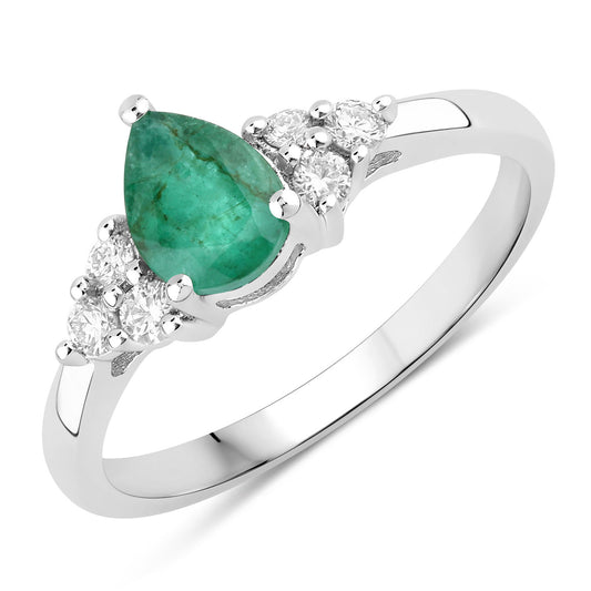 Fine Color Jewels 0.86 Ct Genuine Zambian Emerald and Lab Grown Diamond Silver Pear Cut Cocktail Ring