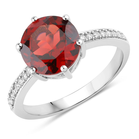 Fine Color Jewels 3.41 Ct Genuine Mozambique Garnet and Lab Grown Diamond Silver Round Bridge Ring