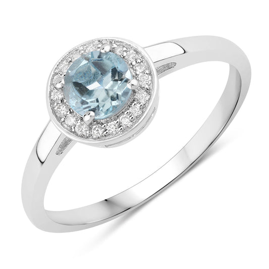 Fine Color Jewels 0.47 Ct Genuine Aquamarine and Lab Grown Diamond Silver Halo Ring