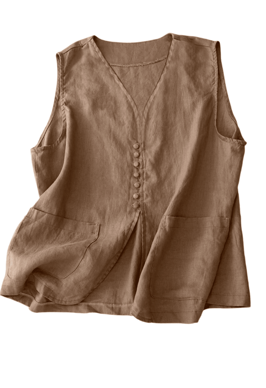 Chic YC Women's Linen Blend V-Neck Button-Down Vest Casual Sleeveless Summer Top with Pockets