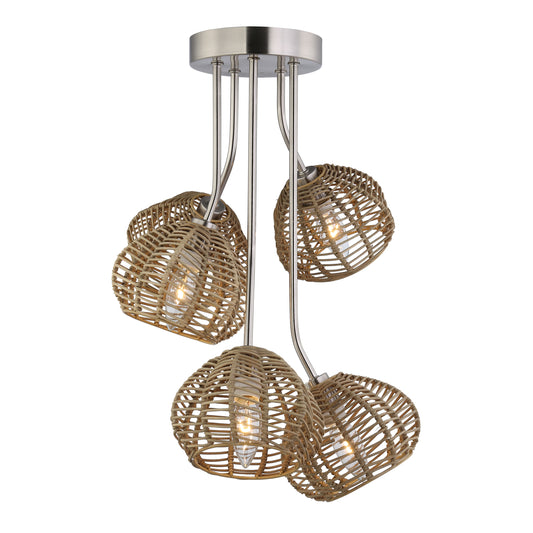 River of Goods Mila 20.5" High Brushed Nickel Iron Shaded Five-Branch Ceiling Light with Five Rattan Shades