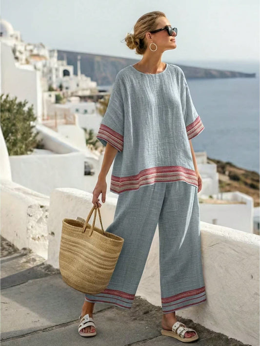 Chic YC Women's Striped Linen Blend Top and Wide-Leg Pants 2 Piece Set Casual Summer Cozy Loungewear