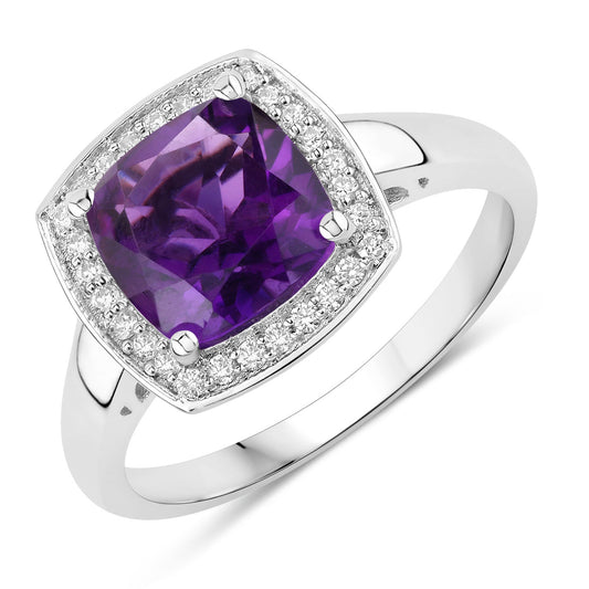 Fine Color Jewels 1.97 Ct Genuine Amethyst and Lab Grown Diamond Silver Halo Ring