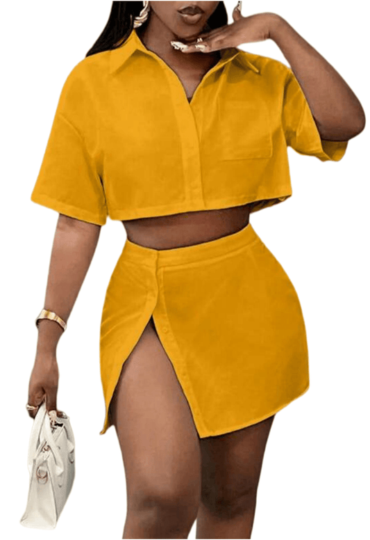 Chic YC Women's Cropped Button-Down Shirt and Mini Skirt 2 Piece Set Casual Summer Co-Ord Outfit