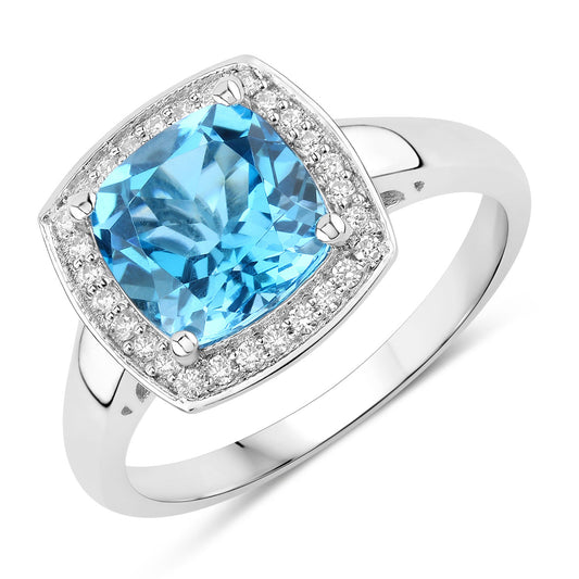 Fine Color Jewels 2.47 Ct Genuine Swiss Blue Topaz and Lab Grown Diamond Silver Halo Ring