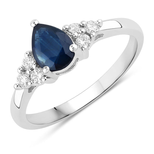 Fine Color Jewels 1.01 Ct Genuine Blue Sapphire and Lab Grown Diamond Silver Pear Cut Cocktail Ring