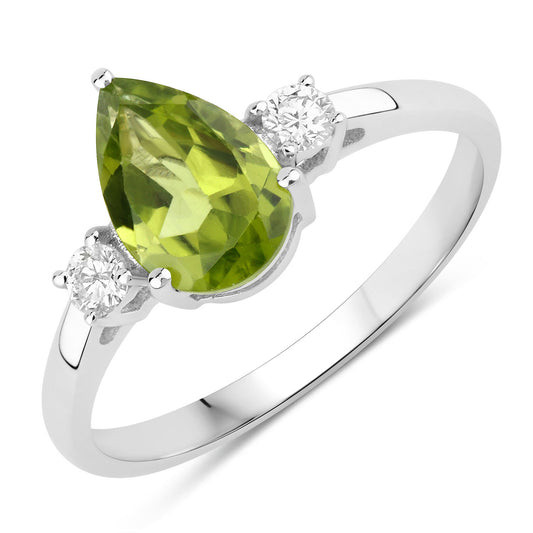 Fine Color Jewels 1.22 Ct Genuine Pear Shaped Peridot and Lab Grown Diamond Silver 3 Stone Ring