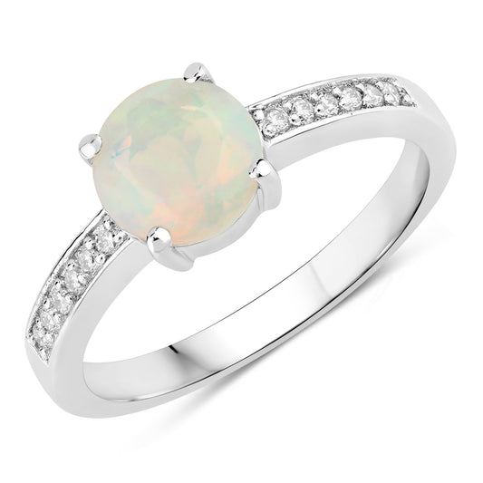 Fine Color Jewels 0.75 Ct Genuine Ethiopian Opal and Lab Grown Diamond Silver Pave Bridge Ring