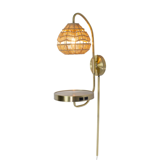 River of Goods 32.75” High Neck Brushed Gold Colored Iron Wall Sconce with Round Tan Rattan Shade and 2 USB Charging Ports