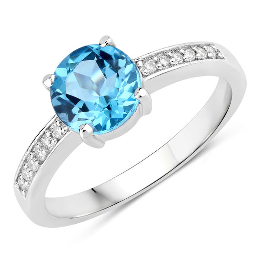 Fine Color Jewels 1.58 Ct Genuine Swiss Blue Topaz and Lab Grown Diamond Silver Pave Bridge Ring