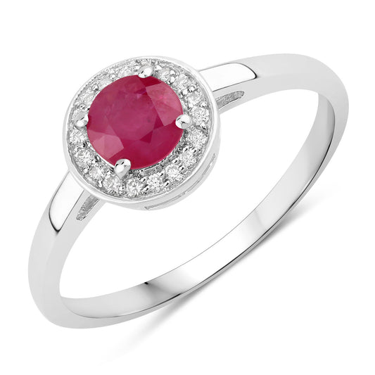 Fine Color Jewels 0.64 Ct Genuine Mozambique Ruby and Lab Grown Diamond Silver Halo Ring