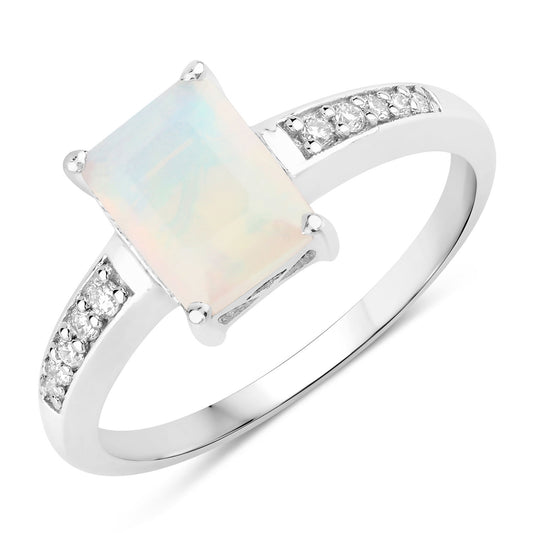 Fine Color Jewels 1.14 Ct Genuine Ethiopian Opal and Lab Grown Diamond Silver Octagon Bridge Ring