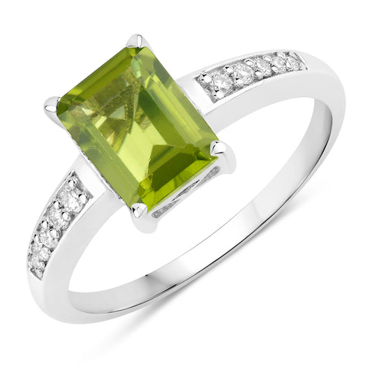 Fine Color Jewels 1.69 Ct Genuine Peridot and Lab Grown Diamond Silver Octagon Bridge Ring