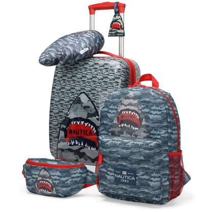 Nautica Kids 18" Airline Approved 5-Piece Carry-on Suitcase Set | Shark Attack