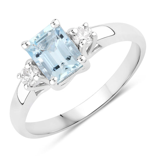 Fine Color Jewels 0.92 Ct Genuine Aquamarine and Lab Grown Diamond Silver Octagon 3 Stone Ring