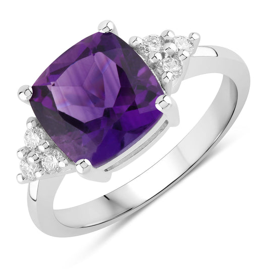 Fine Color Jewels 2.81 Ct Genuine Amethyst and Lab Grown Diamond Silver Cushion Cocktail Ring