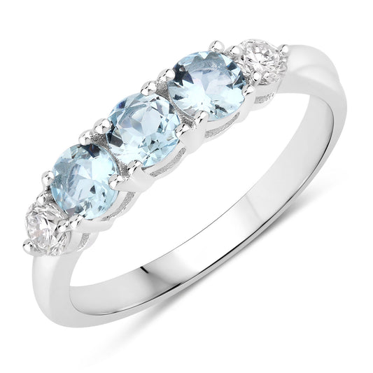 Fine Color Jewels 0.88 Ct Genuine Aquamarine and Lab Grown Diamond Silver 5 Stone Ring