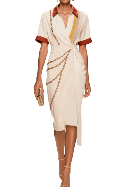 Chic YC Women's Chain Print Wrap Midi Dress Short Sleeve Summer Elegant Work Dress