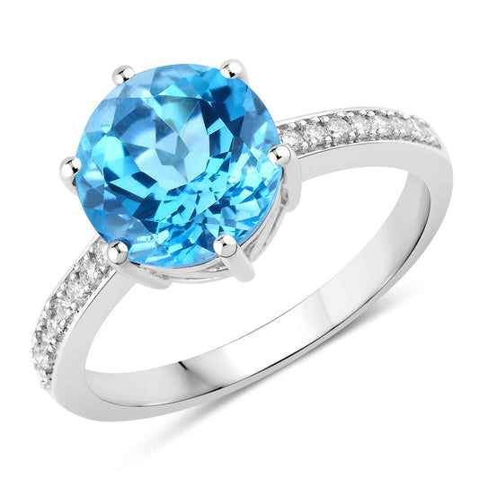 Fine Color Jewels 3.91 Ct Genuine Swiss Blue Topaz and Lab Grown Diamond Silver Round Bridge Ring