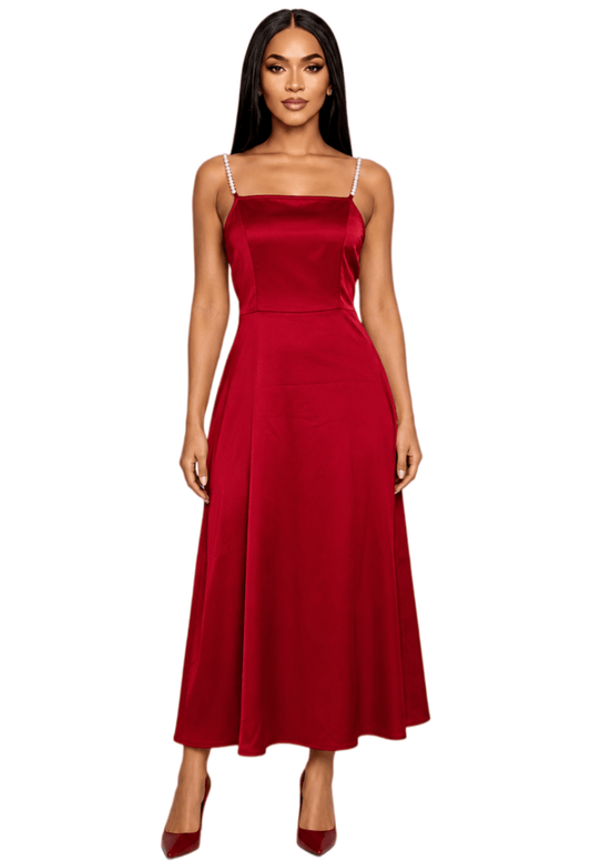 Chic YC Summer Women Pearl Strap Satin Midi Dress Elegant Party Cami Evening Dress