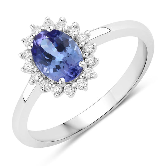 Fine Color Jewels 0.91 Ct Genuine Tanzanite and Lab Grown Diamond Silver Halo Ring
