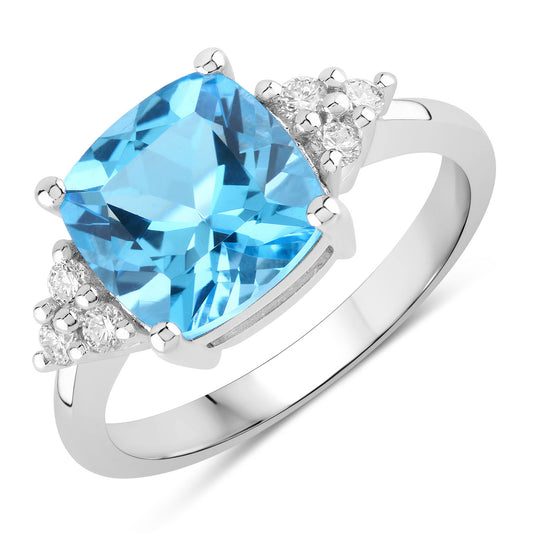Fine Color Jewels 3.61 Ct Genuine Swiss Blue Topaz and Lab Grown Diamond Silver Cushion Cocktail Ring