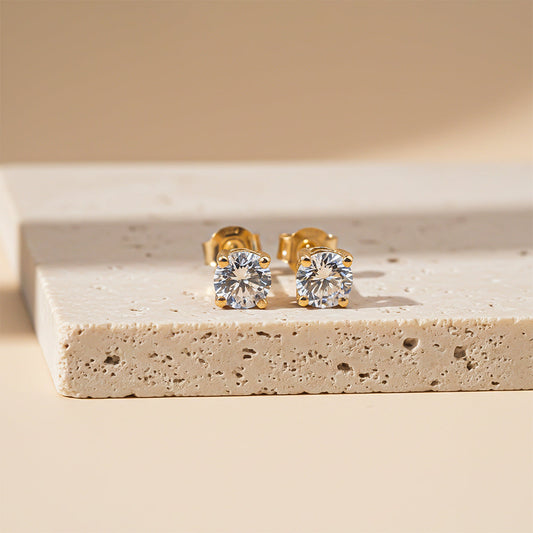 Sterling Silver 14K Yellow Gold Plated Diamond Solitaire Stud Earrings