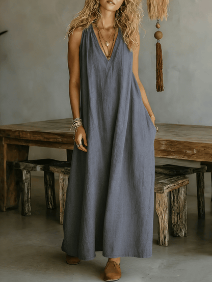 Chic YC Women's Sleeveless V-Neck Linen Blend Maxi Dress Loose Fit Summer Casual Boho Dress