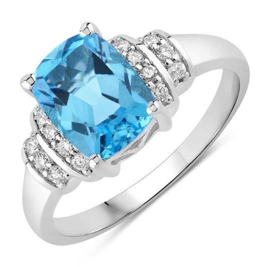 Fine Color Jewels 2.83 Ct Genuine Swiss Blue Topaz and Lab Grown Diamond Silver Cushion Cut Bridge Ring