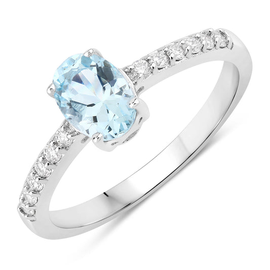 Fine Color Jewels 0.78 Ct Genuine Aquamarine and Lab Grown Diamond Silver Bridge Ring