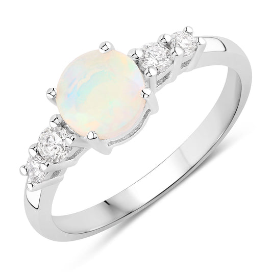 Fine Color Jewels 0.79 Ct Genuine Ethiopian Opal and Lab Grown Diamond Silver 5 Stone Ring