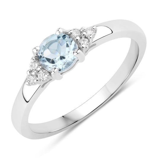 Fine Color Jewels 0.47 Ct Genuine Oval Aquamarine and Lab Grown Diamond Silver Cocktail Ring