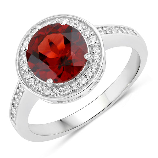 Fine Color Jewels 2.46 Ct Genuine Mozambique Garnet and Lab Grown Diamond Silver Halo Ring