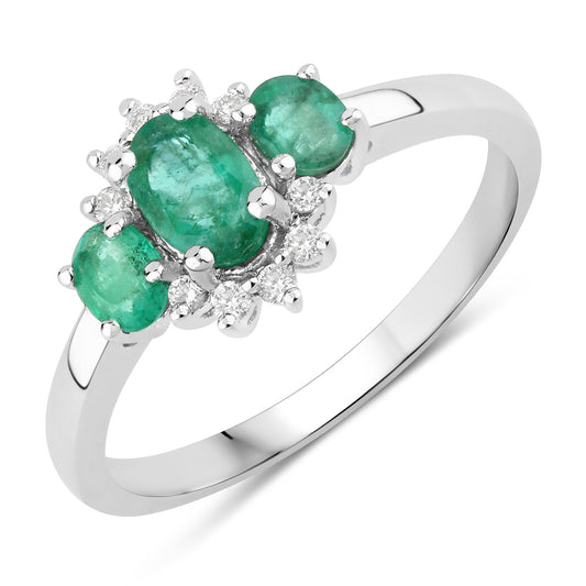 Fine Color Jewels 0.84 Ct Genuine Zambian Emerald and Lab Grown Diamond Silver Ring