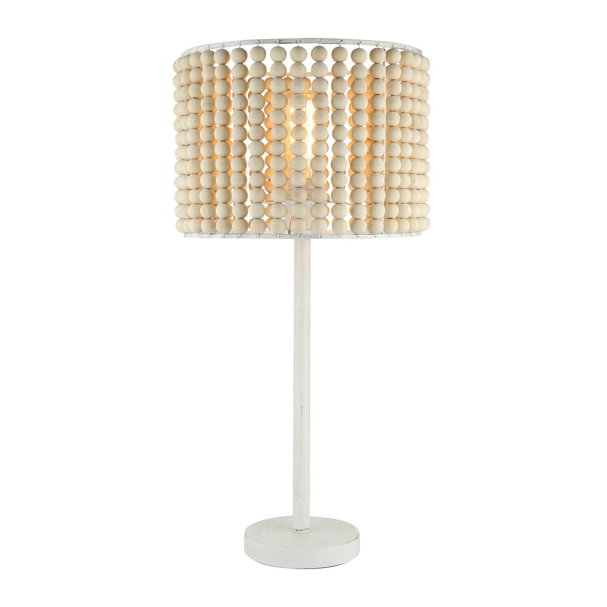 River of Goods 25" Eliza White Metal & Tan Wood Beaded Drum Shade Table Lamp