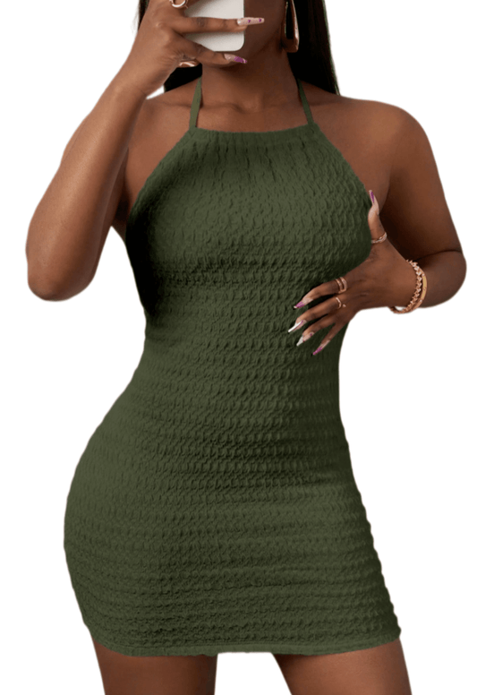 Chic YC Women's Textured Halter Neck Backless Mini Dress Bodycon Summer Party Dress