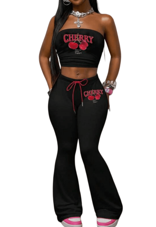 Chic YC Women's Cherry Print Tube Top and Flare Pants 2 Piece Set Casual Summer Streetwear Outfit