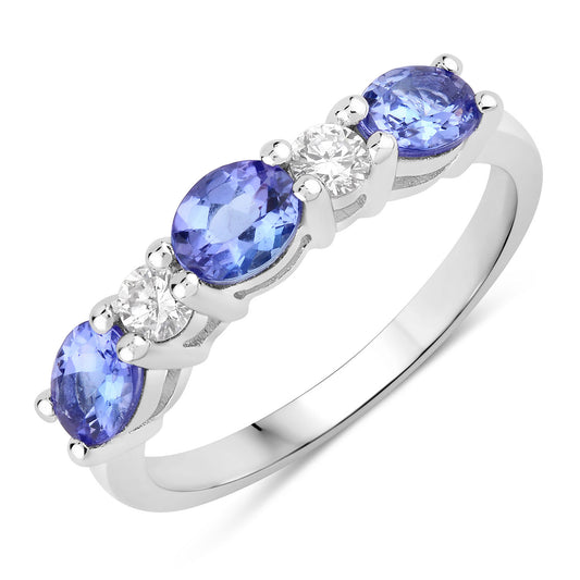 Fine Color Jewels 1.19 Ct Genuine Tanzanite and Lab Grown Diamond Silver 5 Stone Ring