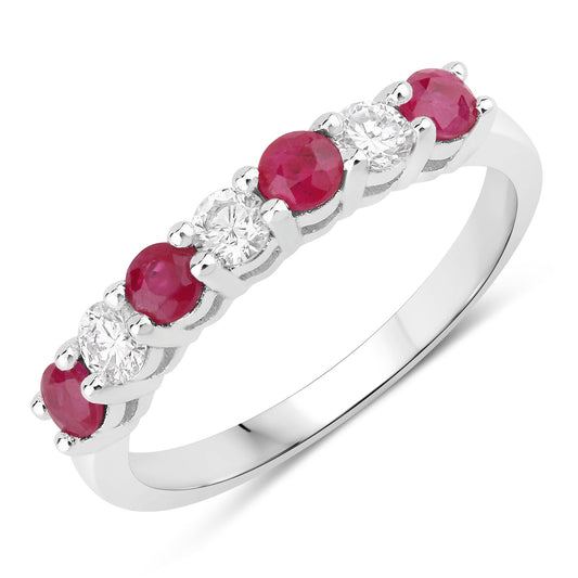 Fine Color Jewels 0.85 Ct Genuine Mozambique Ruby and Lab Grown Diamond Silver Eternity Ring