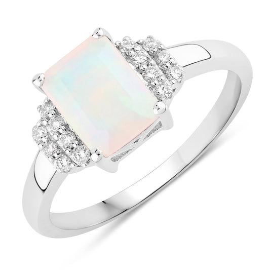 Fine Color Jewels 1.19 Ct Genuine Ethiopian Opal and Lab Grown Diamond Silver Cocktail Ring