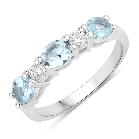 Fine Color Jewels 1.07 Ct Genuine Aquamarine and Lab Grown Diamond Silver 5 Stone Ring