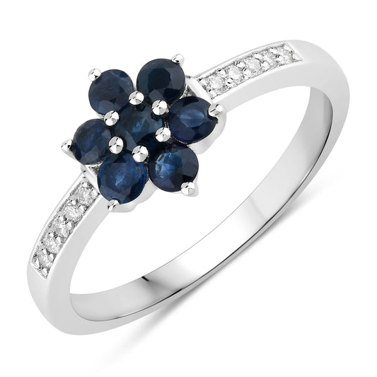 Fine Color Jewels 0.55 Ct Genuine Blue Sapphire and Lab Grown Diamond Silver Floral Ring