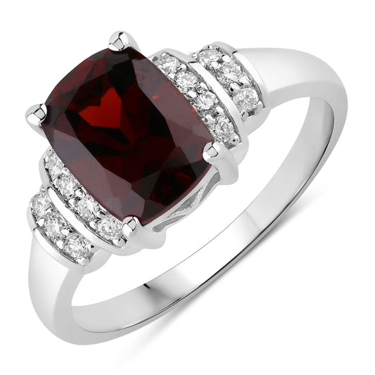 Fine Color Jewels 2.58 Ct Genuine Mozambique Garnet and Lab Grown Diamond Silver Cushion Cut Bridge Ring