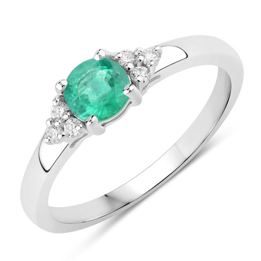 Fine Color Jewels 0.51 Ct Genuine Oval Zambian Emerald and Lab Grown Diamond Silver Cocktail Ring