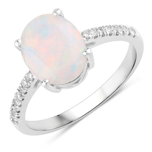 Fine Color Jewels 1.72 Ct Genuine Ethiopian Opal and Lab Grown Diamond Silver Ring