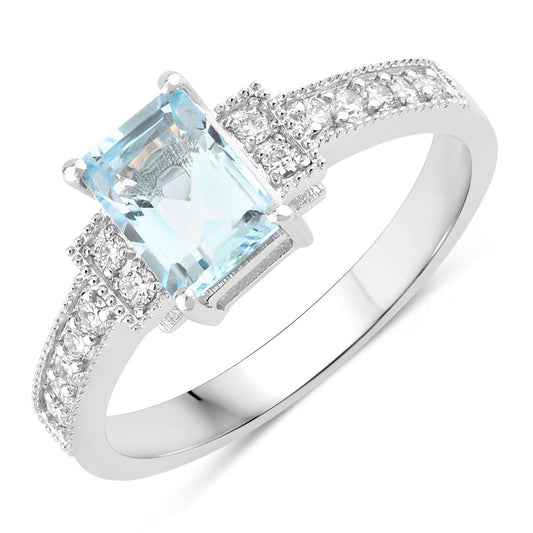 Fine Color Jewels 0.98 Ct Genuine Aquamarine and Lab Grown Diamond Silver Pave Bridge Ring