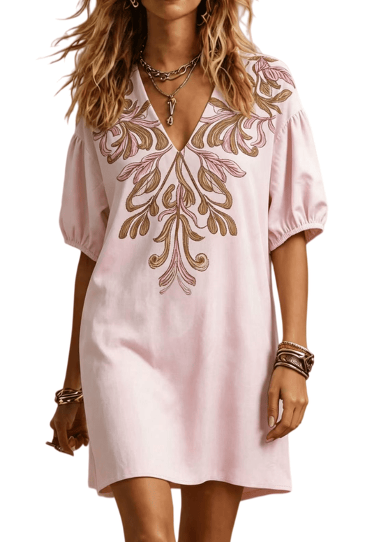 Chic YC Women's Floral Embroidered V-Neck Mini Dress Puff Sleeve Casual Summer Sundress