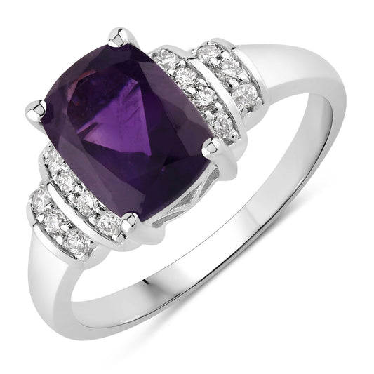 Fine Color Jewels 1.63 Ct Genuine Amethyst and Lab Grown Diamond Silver Cushion Cut Bridge Ring